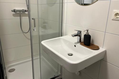 维也纳新城Cozy City Center Designer Apartment for 10 People的带水槽和淋浴的白色浴室