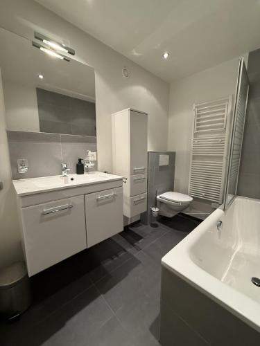 a bathroom with a sink and a toilet and a tub at Studio à Morgins in Troistorrents