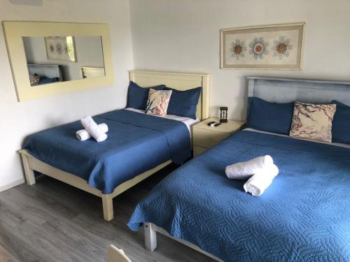 1 dormitorio con 2 camas con sábanas azules y espejo en Cadaques caribe bayahibe, en La Laguna