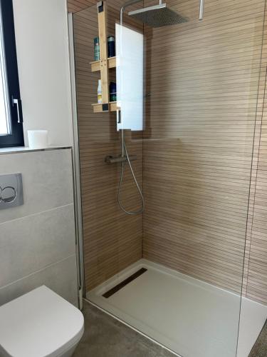 een badkamer met douche en toilet bij Au Pied du Pic Saint Loup in Saint-Mathieu-de-Tréviers