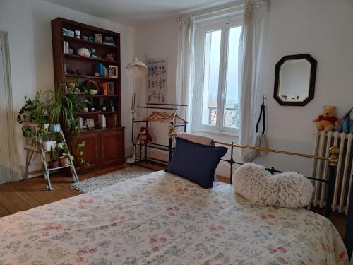 ein Schlafzimmer mit einem großen Bett und einem Spiegel in der Unterkunft Villa Maria in Condé-Sainte-Libiaire