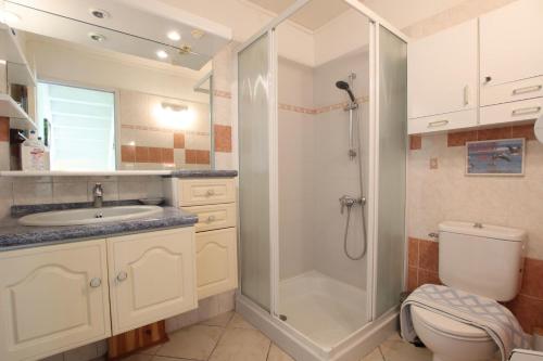a bathroom with a shower and a sink and a toilet at Chez castagnet in Assat