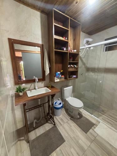 Un baño con lavabo, inodoro y ducha. en Pousada dos Sonhos - Casa Goiabeira, en Timbe do Sul