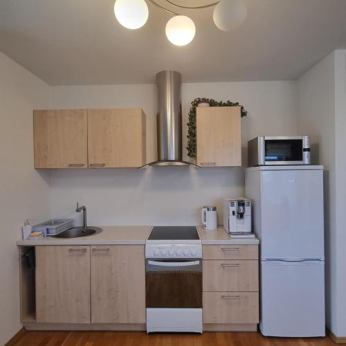 a kitchen with a white refrigerator and a microwave at Juuli apartament in Kuressaare