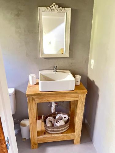 a bathroom vanity with a sink and a mirror at Punta Negra - Cabañas Cacarelhos in Piriápolis