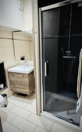 une salle de bain avec douche, lavabo et toilettes dans l'établissement Les Murs By le Clos, à Metz