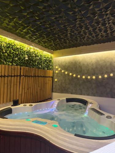 a jacuzzi tub in a room with plants at Appartement avec Sauna et Grand Spa in Béziers