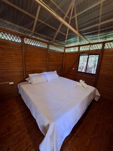 een slaapkamer met een groot wit bed met twee kussens bij hotel san rafael in Santa Marta