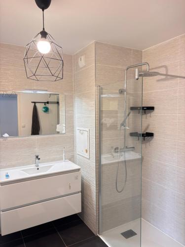 Un baño con ducha de cristal y lavabo. en Maison chaleureuse, en Puteaux