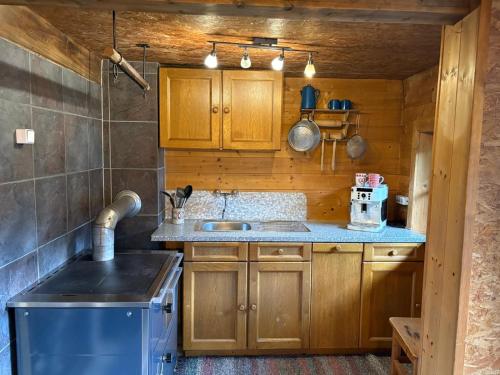 eine Küche mit Holzschränken, Spüle und Herd in der Unterkunft Schäferhütte - Zillertal in Grün