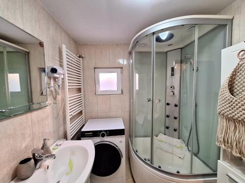 a bathroom with a shower and a sink at Rustic Breeze Azuga - BBQ, Fireplace and Parking in Azuga