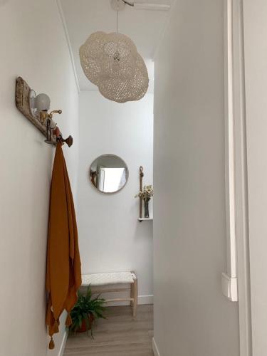 a bathroom with a hallway with a mirror and a light at Le studio parisien in Clichy