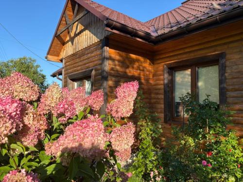 Nowosielce KozickieAgroturystka Dom w Owocowym Sadzie的一座门前有鲜花的木屋