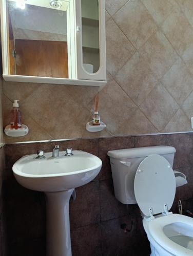 a bathroom with a sink and a toilet and a mirror at Cabaña El Morito in San Rafael