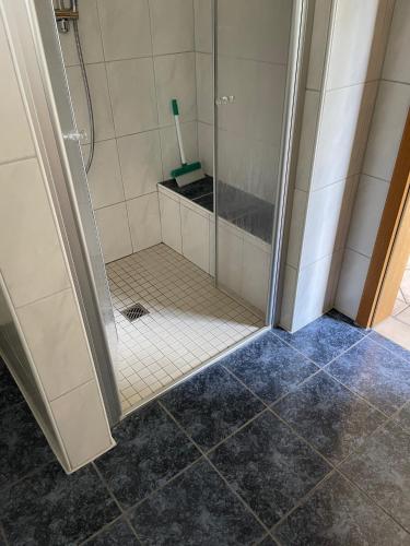 a shower with a glass door in a bathroom at Sommertraum im Hasetal, Becksvoort-Noll in Löningen