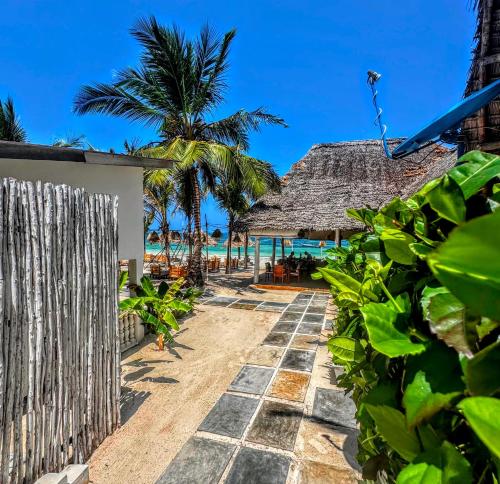 a pathway leading to a resort with palm trees and the ocean at Marea Boutique Hotel in Jambiani
