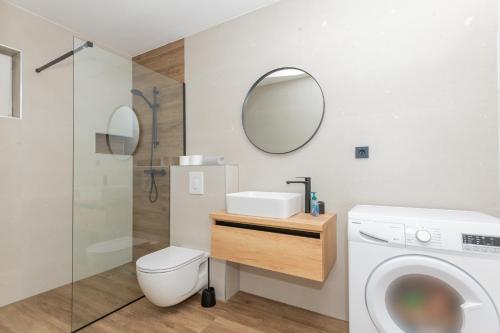 un bagno con un water, un lavandino e uno specchio di Villa Josip a Grubine