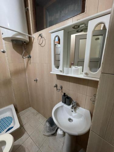 a bathroom with a sink and a toilet and a mirror at Bujtina (Pension) Oltas in Prizren