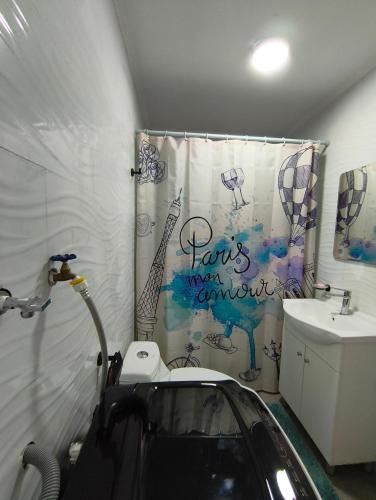 a bathroom with a shower curtain and a sink at Cabañas Sol y Luna Lago Ranco in Lago Ranco