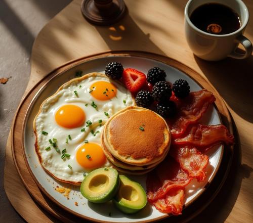 a plate of breakfast food with eggs bacon and pancakes at Adn Penta Apart in Adana