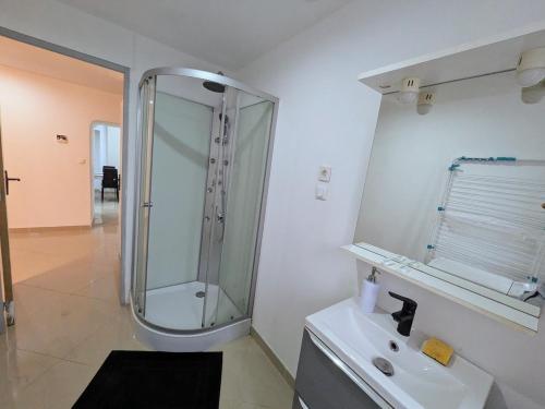 White house between land and sea St Pol de Léon في بلدة سان-بول-دو-ليون: حمام مزود بدش ومغسلة