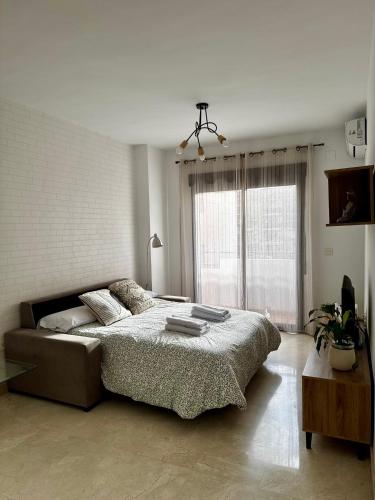 a bedroom with a large bed and a large window at Apartamento a 10 minutos de Granada, Sierra Nevada a 35km, parking gratis in Alhendín