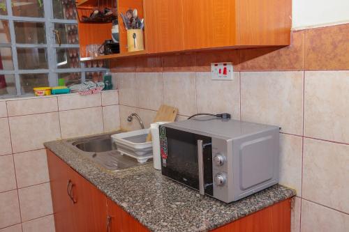 Una encimera de cocina con un microondas y un fregadero. en Welcome to Splendid Suites, en Syokimau