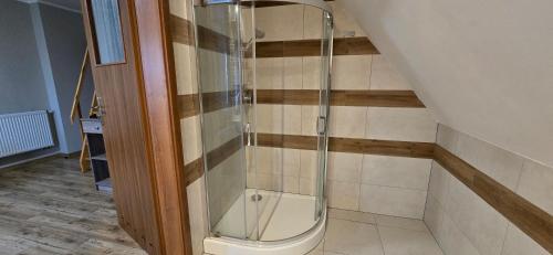 a shower with a glass door in a bathroom at Willa Wierzbiczany in Gniewkowo