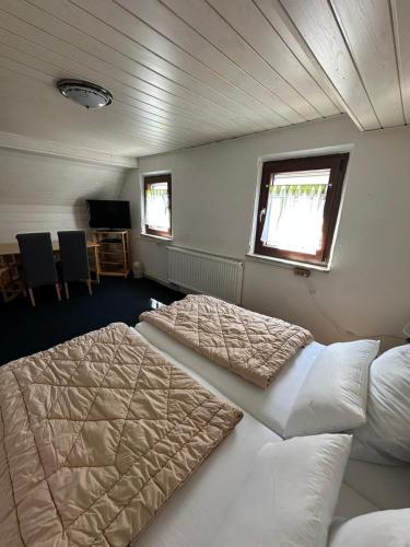 a bedroom with two beds and a tv in it at Large Room Near The train station and highway in Schnaittach