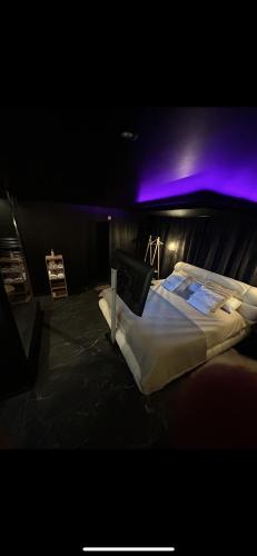 a bedroom with a large bed with purple lighting at Ecrin secret in Aubagne