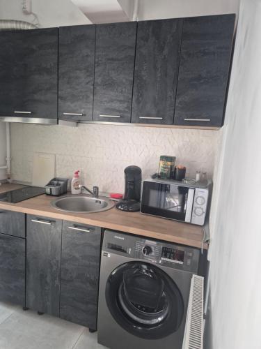 eine Küche mit Waschmaschine und Spüle in der Unterkunft Studio David Eforie Nord in Eforie Nord