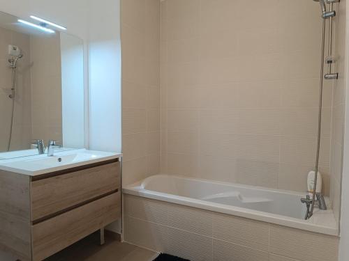 ein Badezimmer mit Badewanne und Waschbecken in der Unterkunft Le Chaleureux in Annemasse
