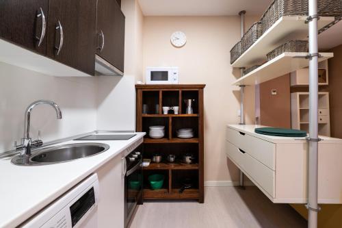 マドリードにあるEl Rastro - Madrid Centro, premium apartmentのシンクと電子レンジ付きのキッチン