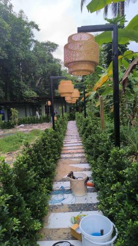 a garden path with plants and a basket on it at Baan Boy in Ko Kood