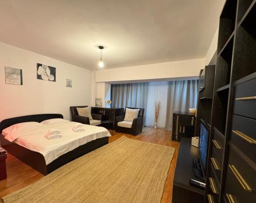 a bedroom with a bed and a living room at Abe Studio in Craiova