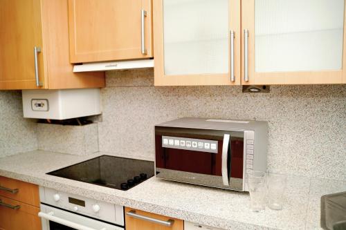 eine Küche mit einer Mikrowelle auf der Theke in der Unterkunft Grand famille appartement proche Disneyland max 9 personnes in La Celle-sous-Gouzon