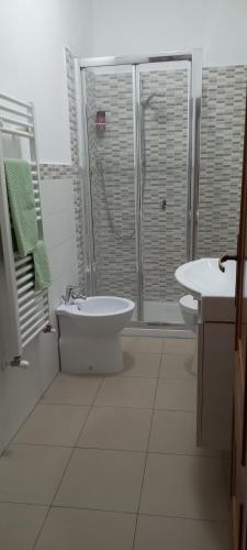 a bathroom with a shower and a toilet and a sink at la buca delL'IStrice in Monteriggioni