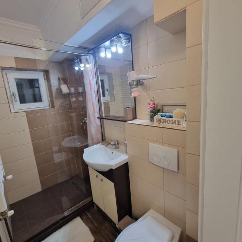 Un baño pequeño con lavabo e inodoro. en Apartament Flavia, en Craiova