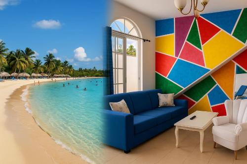 a living room with a mural of a beach at Villa Privada con Piscina Cerca del Aeropuerto SDQ in Boca Chica