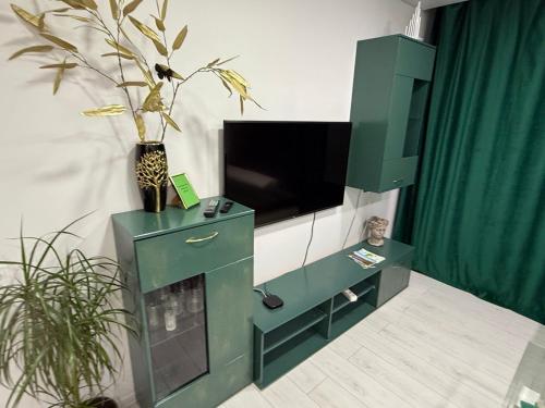 a green entertainment center with a flat screen tv at Welcome to Dovas Home in Anykščiai
