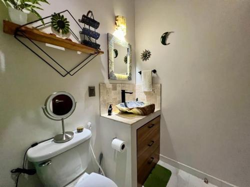 ein Bad mit einem WC, einem Spiegel und einem Waschbecken in der Unterkunft Bucerias Beauty by sport park east side walk to beach in Bucerías