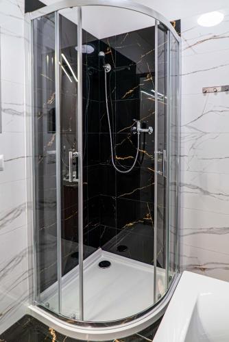 a shower with a glass door in a bathroom at Apartamenty Nad Wiarem in Przemyśl