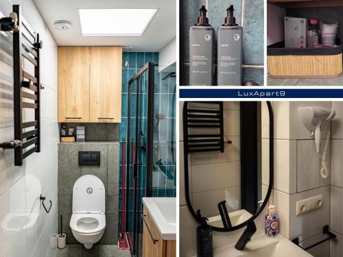 un bagno con un water, un lavandino e uno specchio di LuxApart 9, Lublin, Stare Miasto, Plac Zamkowy a Lublino