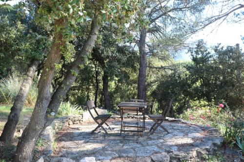 un tavolo da picnic e due sedie in un parco con alberi di Villa Berger a Mollans-sur-Ouvèze