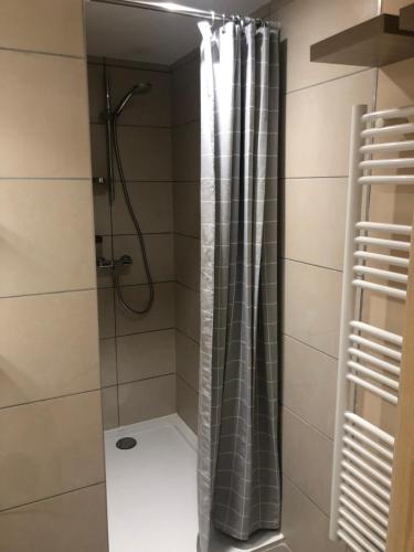 a shower with a gray shower curtain in a bathroom at Appartement 6 personnes pied des pistes in Les Deux Alpes