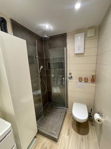 une salle de bain avec douche et toilettes dans l'établissement Zentrale Wohnung 1OG mit WLAN & Kaffee, à Paderborn