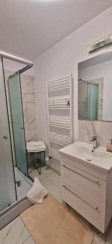 a bathroom with a sink and a shower and a mirror at Cazare Casa Vio BORSA in Băile Borşa