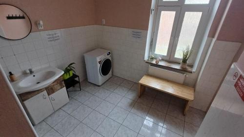ボフミーンにあるUbytovaní U Dvoraの洗面台と洗濯機を備えたバスルーム