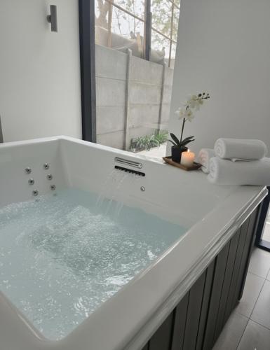 a bath tub filled with water in a bathroom at Mirador Central Stgo 2Habitaciones 2Baños y 1Garaje in Santiago