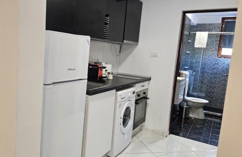 una cocina con nevera y lavadora en BRISO Apartments, en Timisoara